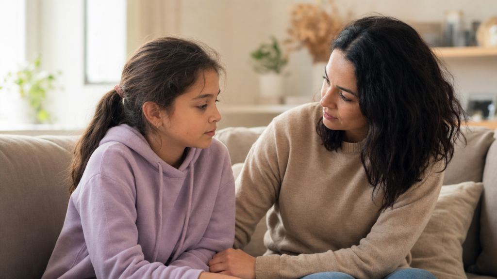 A parent sitting with their child, listening attentively