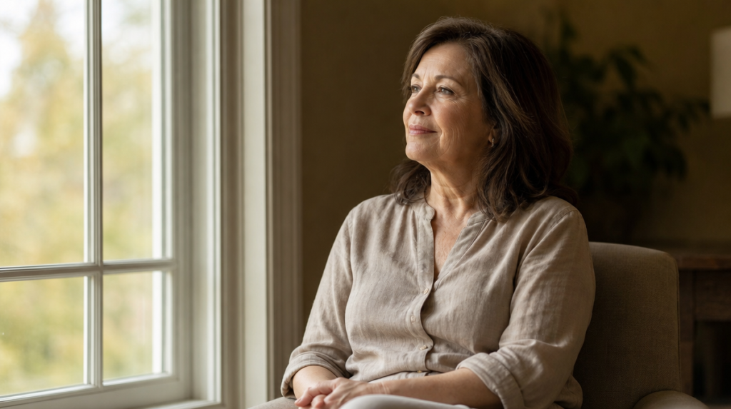A person sitting calmly by a window in warm natural light