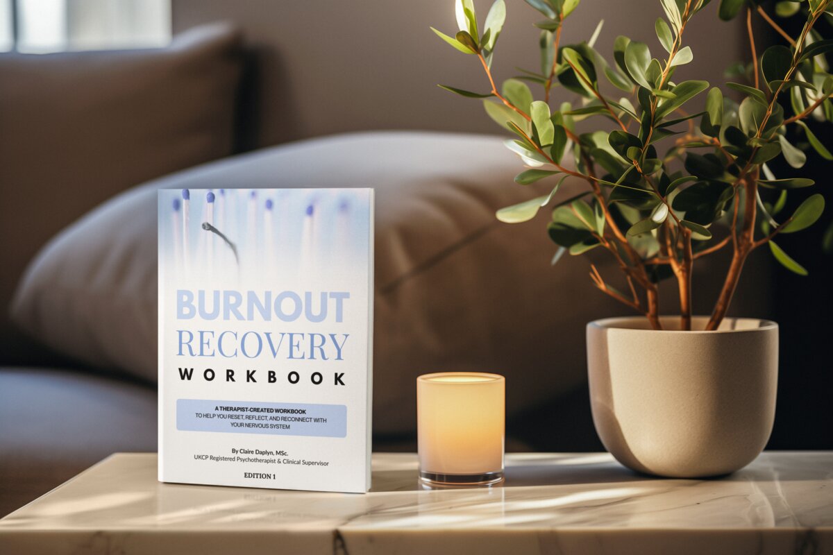 Burnout Recovery Workbook on a coffee table with plants and a candle